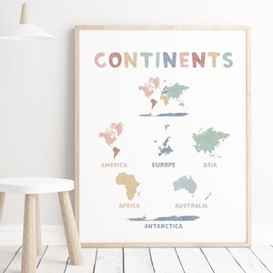Continenten print, educatieve print, thuisschool afdrukbare, boho wereldkaart kinderen print, genderneutraal kinderdagverblijf decor, boho continenten montessori