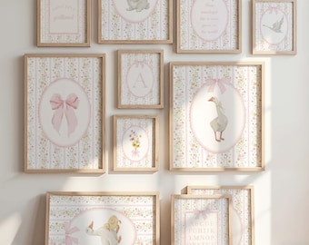 Coquette Bow Floral Initial Letters Printable Cottagecore Nursery Set with Goose,Bunny,Floral, Quote