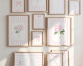 Pink Hydrangea and Bow Nursery Initial Letters Wall Art Printable Baby Girl with Quote