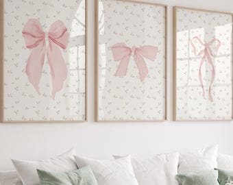 Pink Bow Floral Art Print Set, Coquette Room Decor (Digital Download)