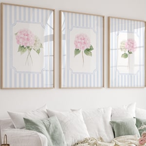 Hydrangea Flower Print Set: Pink Florals, Blue Stripe Nursery Decor (Digital Download)