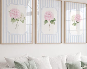 Hydrangea Flower Print Set: Pink Florals, Blue Stripe Nursery Decor (Digital Download)