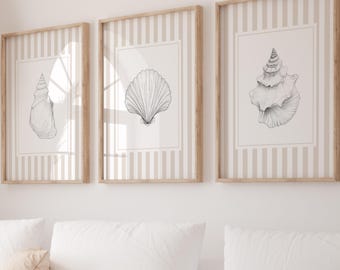 Seashell Wall Art Set, Beige Striped Coastal Prints (Digital Download)