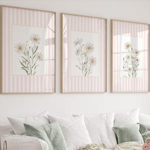 Neutral daisy wall prints with soft pink striped frames printable digital download