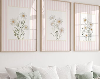 Set di stampe con margherite rosa: decorazioni murali per la cameretta dei bambini in colori pastello (download digitale)