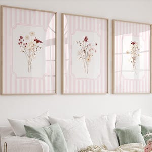 Pink Floral Nursery Art Prints: Striped Flower Bouquet Set (Digital Download)