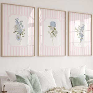 Hydrangea Nursery Prints: Pink Stripes, Botanical Wall Art (Digital Download)