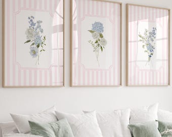 Arte de parede para berçário para impressão, estampas botânicas listradas em rosa com flores de hortênsia azul, decoração de quarto de bebê em tons pastéis, floral para impressão, flores silvestres