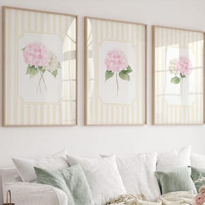 Yellow striped floral printable pink hydrangea girls nursery wall decor soft feminine digital download art pastel baby room gallery set