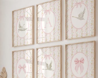 Cottagecore Swan Initial Letters Prints Floral Bow Nursery Set