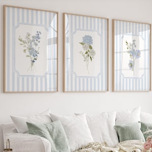 Juego de 4 impresiones de arte mural botánico con hortensias florales azules imprimibles, decoración de pared de acuarela para habitación de bebé o hogar primaveral, a rayas