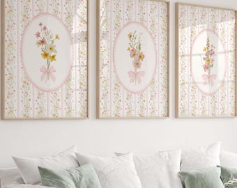 Pink Nursery Bow Floral Prints Wildflower Wall Art Vintage Cottagecore