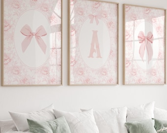 Pink Coquette Bow Quote Floral Chinoiserie Wall Art with Initial Letters Printable Set