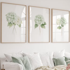 May include: Three framed art prints featuring watercolor illustrations of hydrangea flowers. Each print showcases a different composition of the flowers, with soft green and white blooms and green leaves against a white background. The frames are a light wood color.