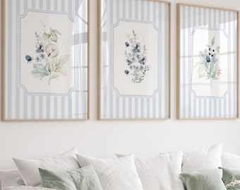 Blue Floral Watercolor Prints, Set of 3, Cottagecore Wall Art (Digital Download)