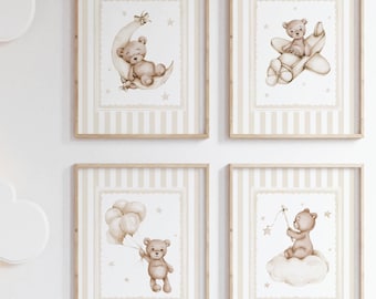 Teddy Bear Nursery Art Prints, Beige Neutral Decor (Digital Download)
