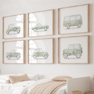 Watercolor Vintage Car Print Set: Sage Green Nursery Decor (Digital Download)