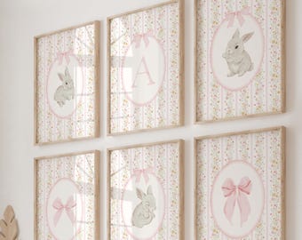 Vintage Bunny Bow Floral Nursery Decor Initial Letters Print