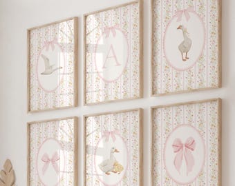 Vintage Goose Nursery Prints with Bows and Florals Girls Room Decor