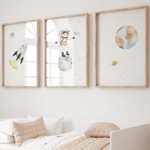 Lámina para habitación infantil espacial, decoración espacial, lámina de astronautas, decoración para habitación infantil espacial, decoración para habitación de niñas, decoración espacial para niñas, planetas, naves espaciales