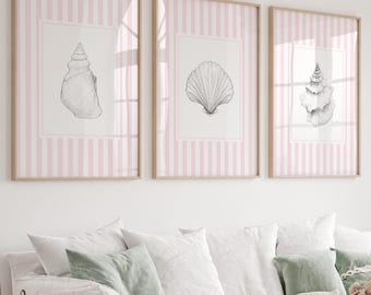 Preppy Pink Seashell Wall Art Coastal Printable Beach House Decor Grandmillennial Bathroom Prints Digital Download Shell Set