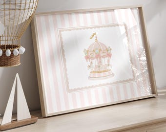 Pink Beige Carousel Nursery Print: Whimsical Baby Girl Room Decor (Digital Download)