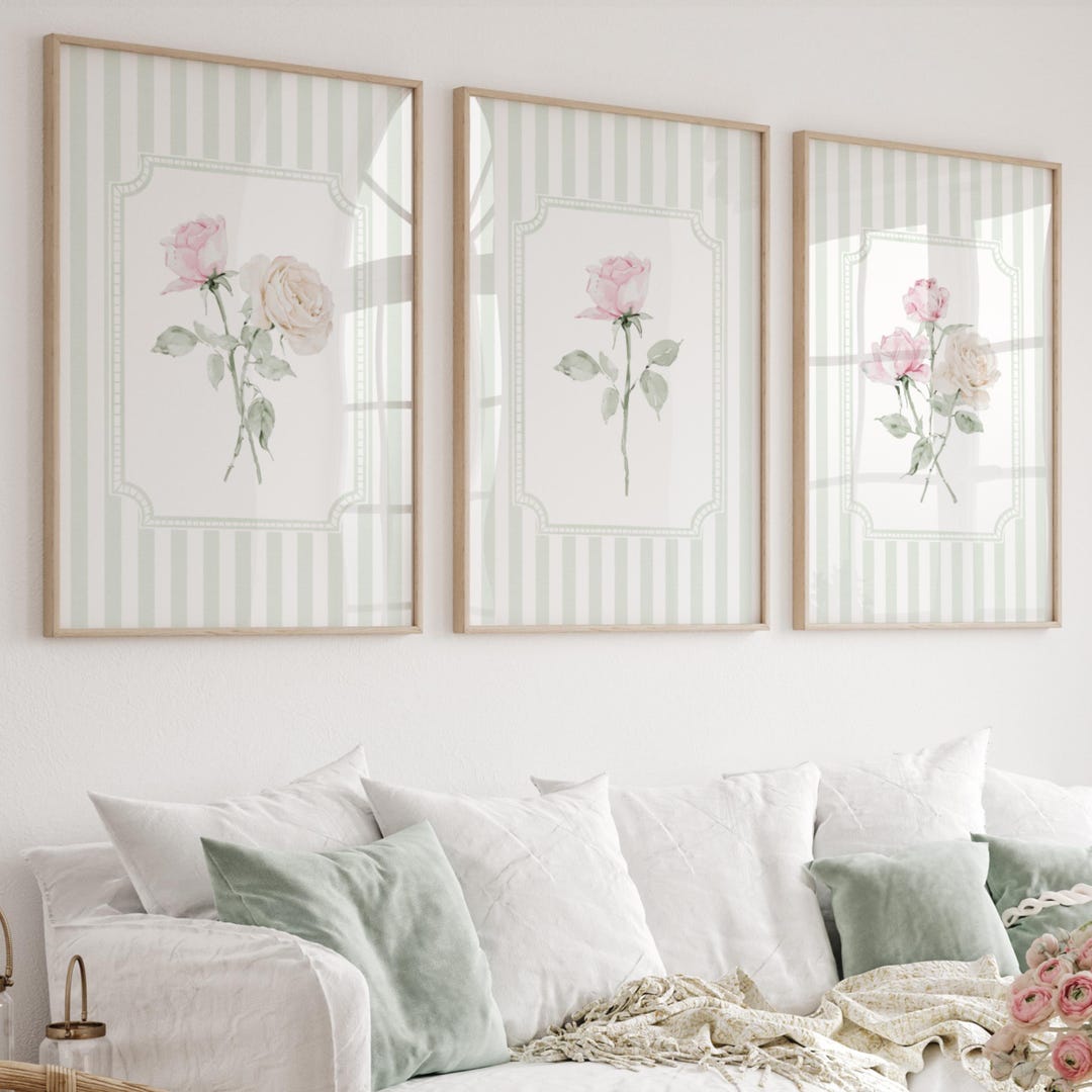 Greem Rose Print Sage Green Striped Rose Print Set, Vintage Floral Wall Art (digital ...