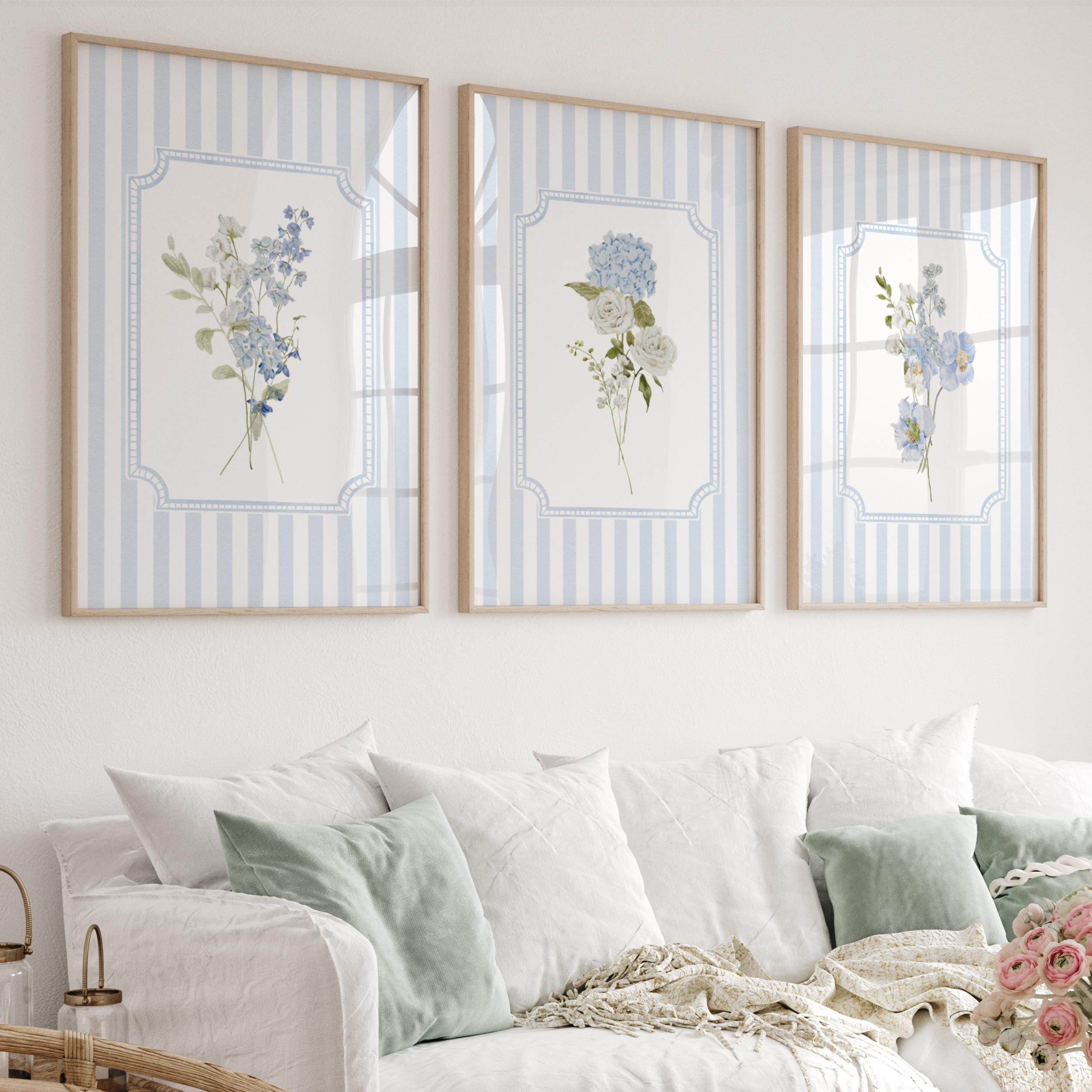 Conjunto de 4 estampas de hortênsias florais azuis para impressão, aquarela, decoração de parede para berçário, para quarto de bebê ou casa de primavera, listradas