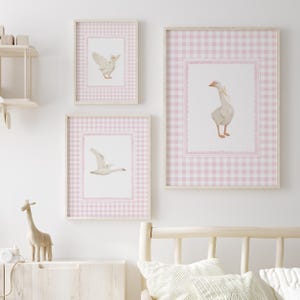 Goose Nursery Print Set: Pink Gingham, Cottagecore Animal Art (Digital Download)