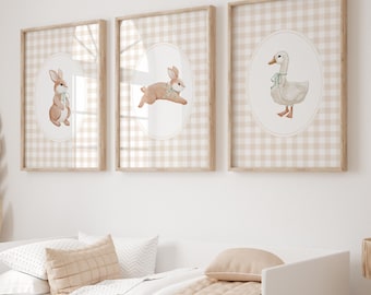Bunny and Goose Nursery Print Set: Beige Gingham (Digital Download)