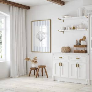 Coastal seashell trio nautical beach wall print set ocean theme artwork with striped frame design