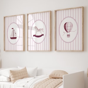 Vintage toy nursery prints set soft pink baby girl wall art with rocking horse hot air balloon and sailboat retro kids room decor