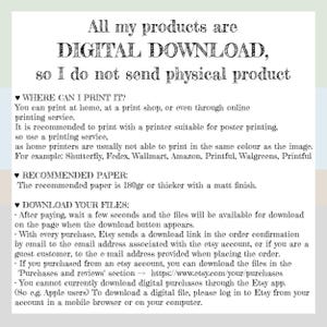 May include: A digital download product information sheet with text in black font on a light green background. The text explains printing options, recommended paper, and how to download files after purchase.