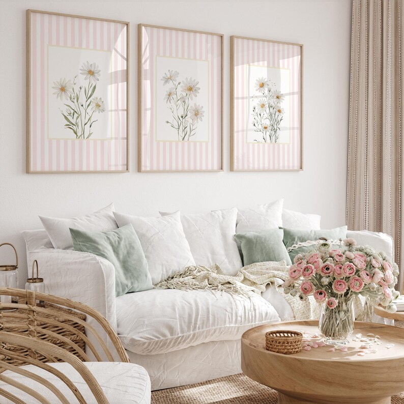 Set of 8 digital daisy floral prints with pink stripes perfect for baby girl nursery