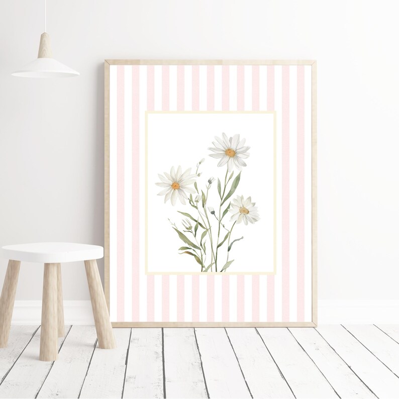 Pink stripe daisy print set of 8 floral artwork for kids bedroom or living room