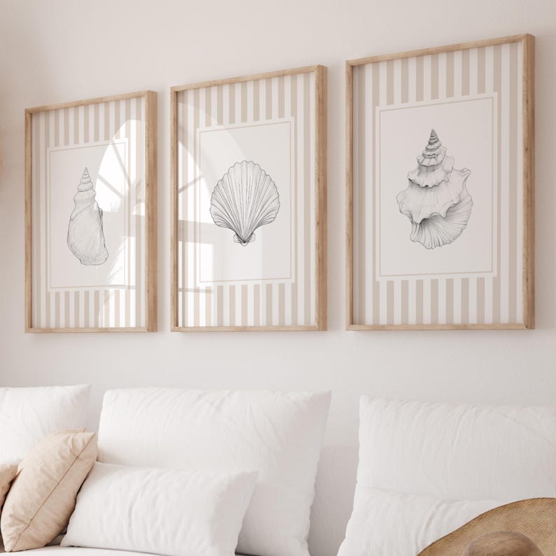 Coastal seashell wall art printable set of 3 with beige striped background beach decor digital download