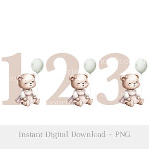 Teddybär 1. Geburtstag Sublimationsdesign, Teddybär Zahl PNG, Beige weise grüne Geburtstagszahl mit Ballon, Teddybär Sublimation