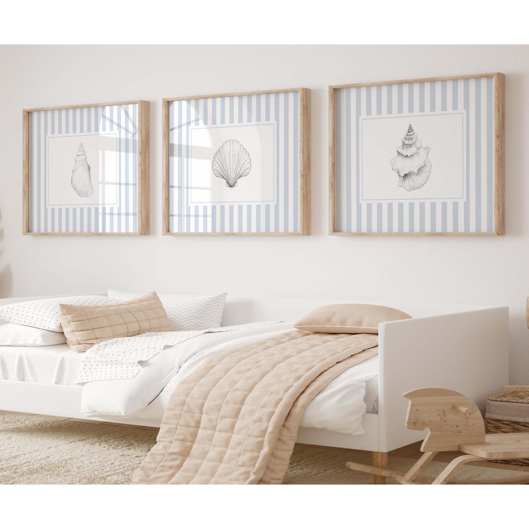 Seashell Wall Art Set | Blue Striped Coastal Prints | Underwater ...