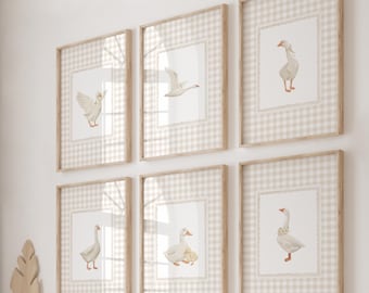 Vintage Goose Print Set: Beige Gingham Nursery Art (Digital Download