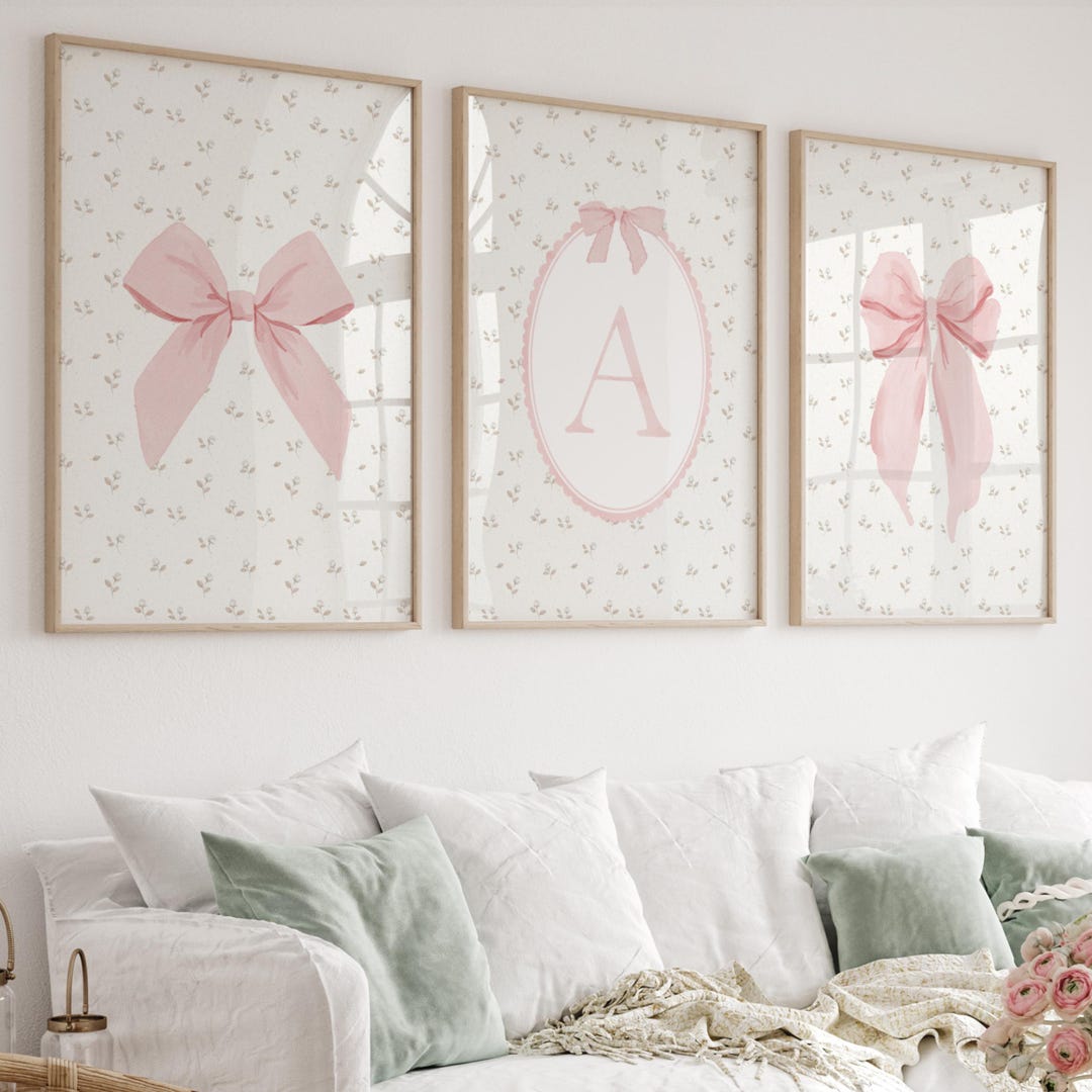 Blush Pink Bow Nursery Initial Letters Vintage Wall Art Baby Girl - Etsy