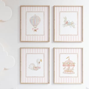 Nursery wall art pink printable baby room decor bunny swan balloon,Whimsical girl prints nursery set with carousel bunny and hot air balloon