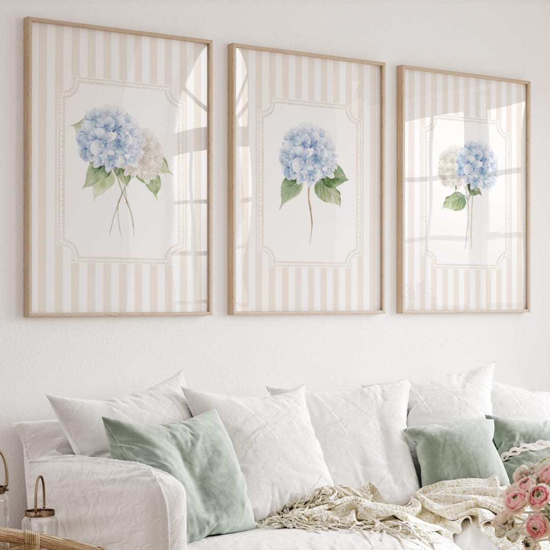 Blue Hydrangea Botanical Print Set, Beige Striped Wall Art (digital ...