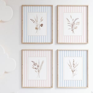 Botanical Wall Art Beige Floral Printable Pink and Blue Striped Nursery Decor Dried Flower Art Gender Neutral Baby Room Downloadable