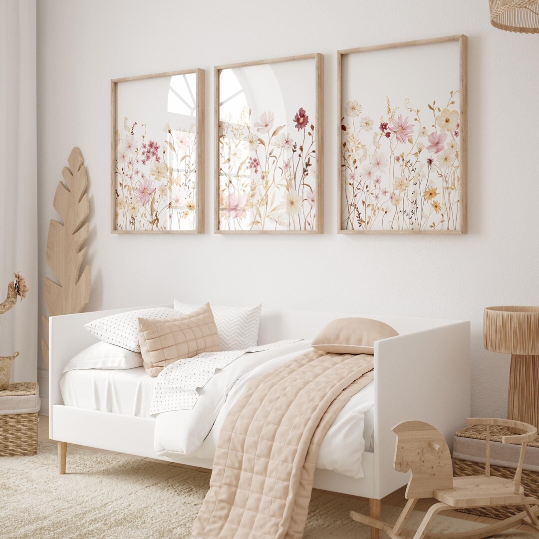 Pink Beige Wildflower Watercolor Print Set: Neutral Nursery Decor ...