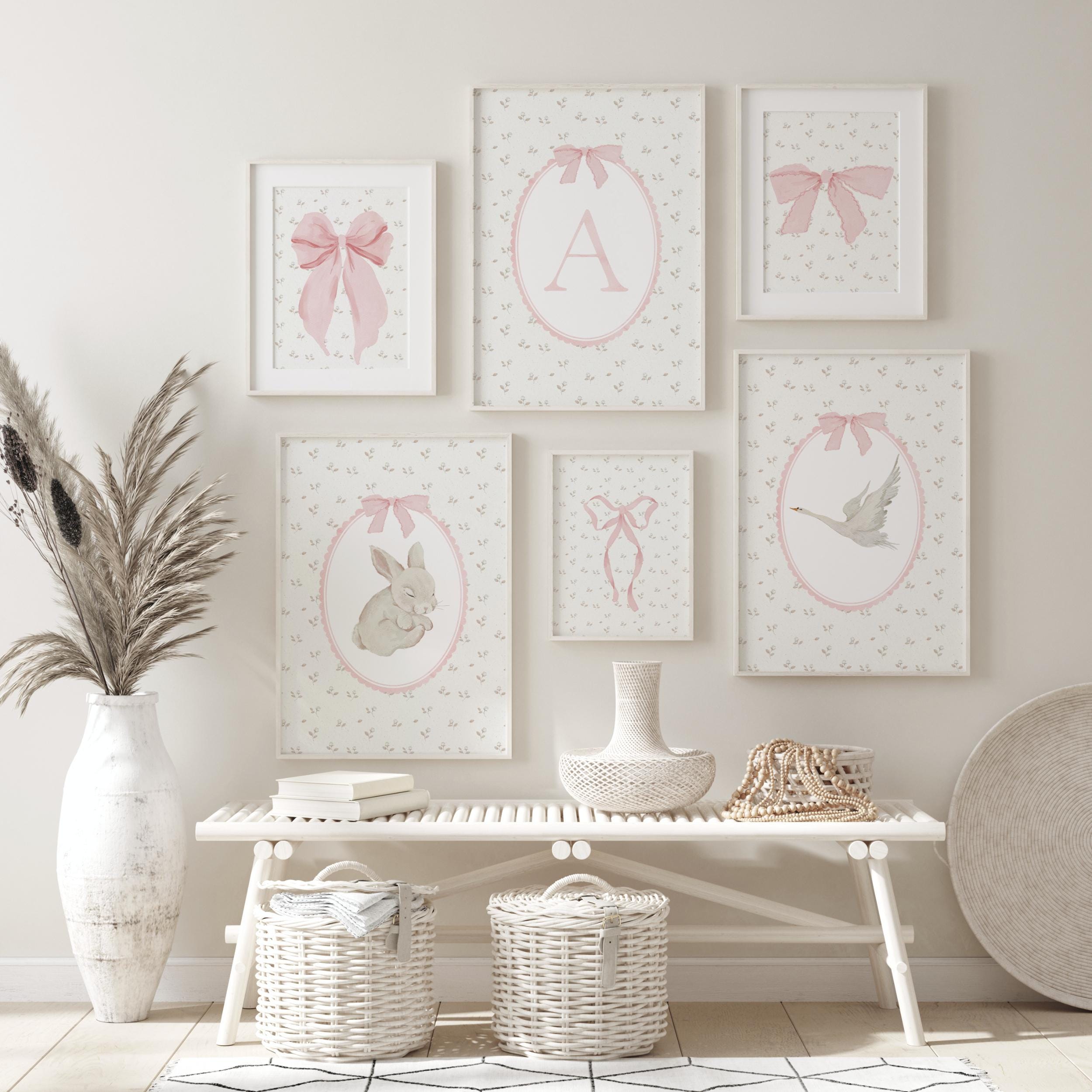 Pink Coquette Bow Bunny Swan Nursery Initial Letters Wall Art Baby Girl ...
