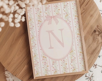Vintage Floral Initial Alphabet Prints for Baby Girl Nursery with Bow