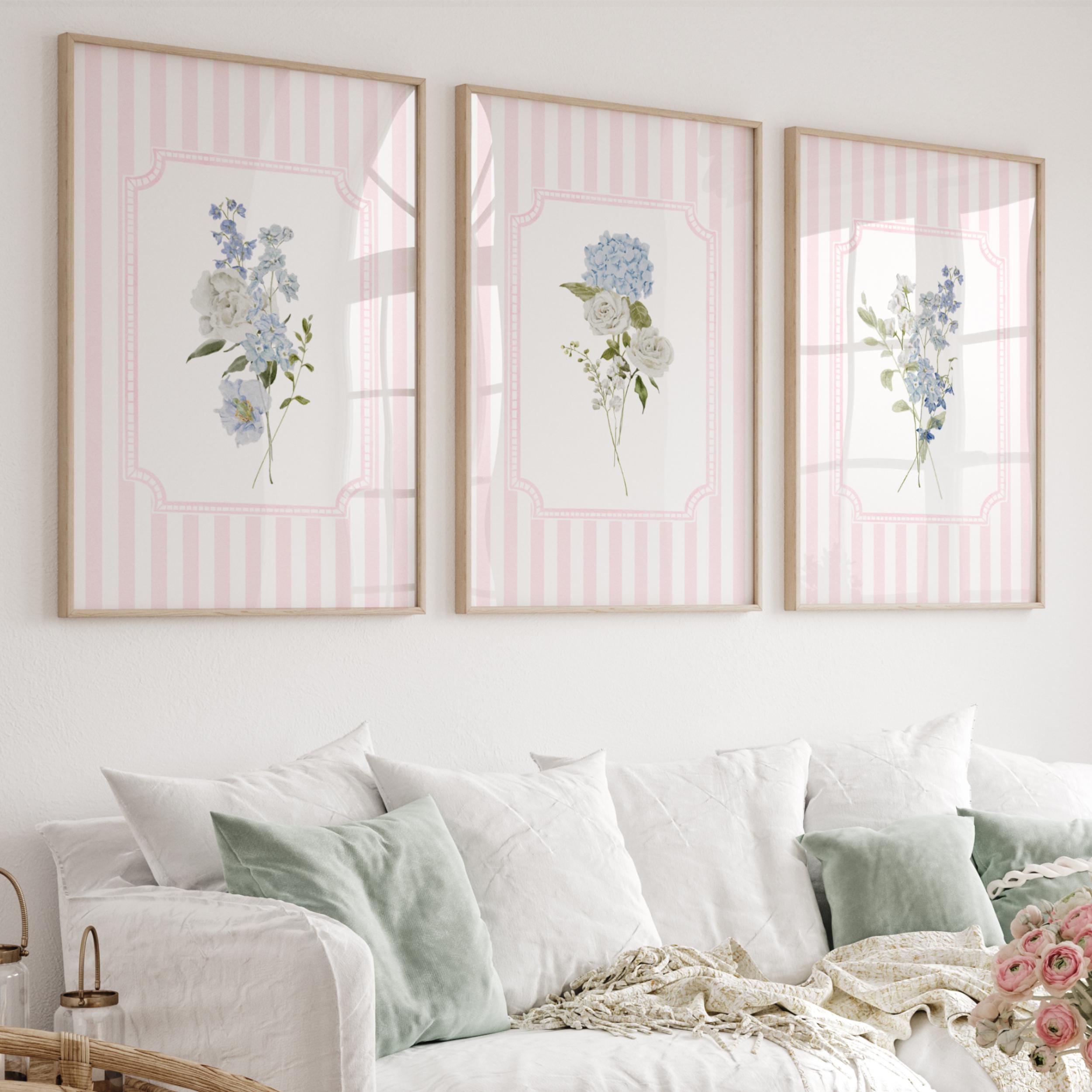 Nursery wall art printable pink striped botanical prints with blue hydrangea flowers pastel baby girl room decor,Printable floral,Wildflower