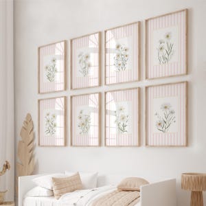 Feminine floral print set of 8 daisies in pink stripes for pastel baby girl room