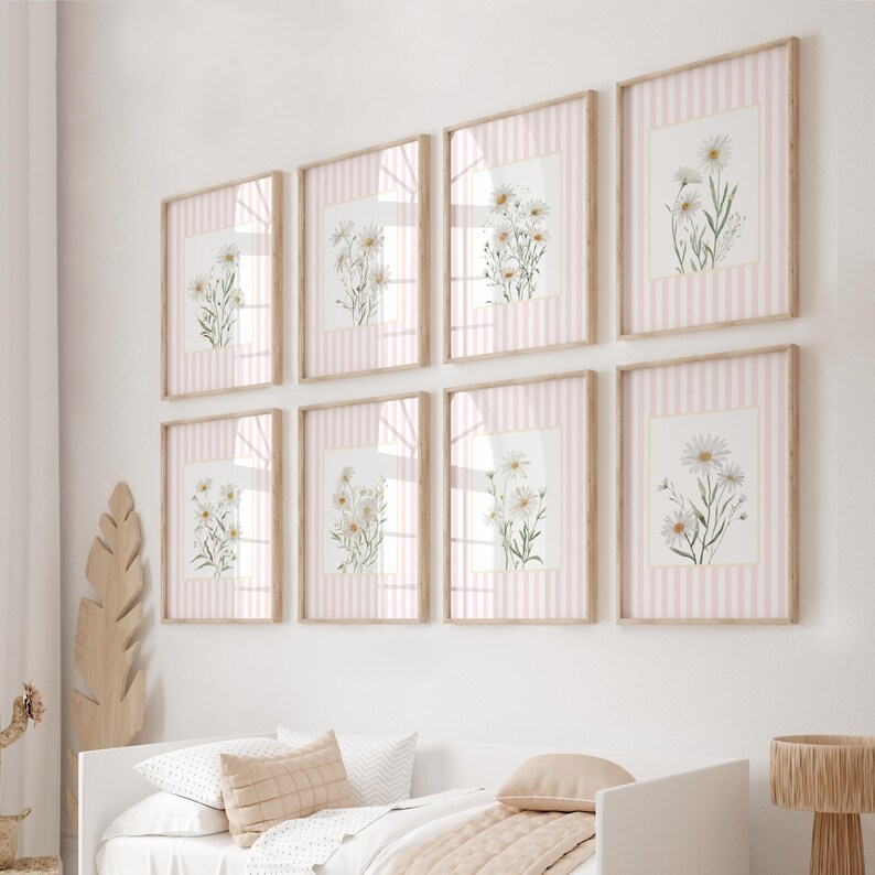 Feminine floral print set of 8 daisies in pink stripes for pastel baby girl room