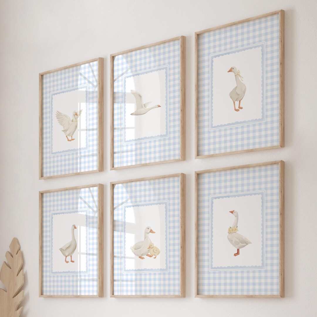 Goose Nursery Print Set: Blue Gingham Cottagecore Wall Art (digital ...